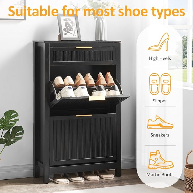 2 Flip Drawers Shoe Cabinet Storage for Entryway, Narrow Hidden Shoes Organizer for Front Door Entrance, Free Standing Shoes Cabinet Wooden Hallway Shoe Rack(Black)