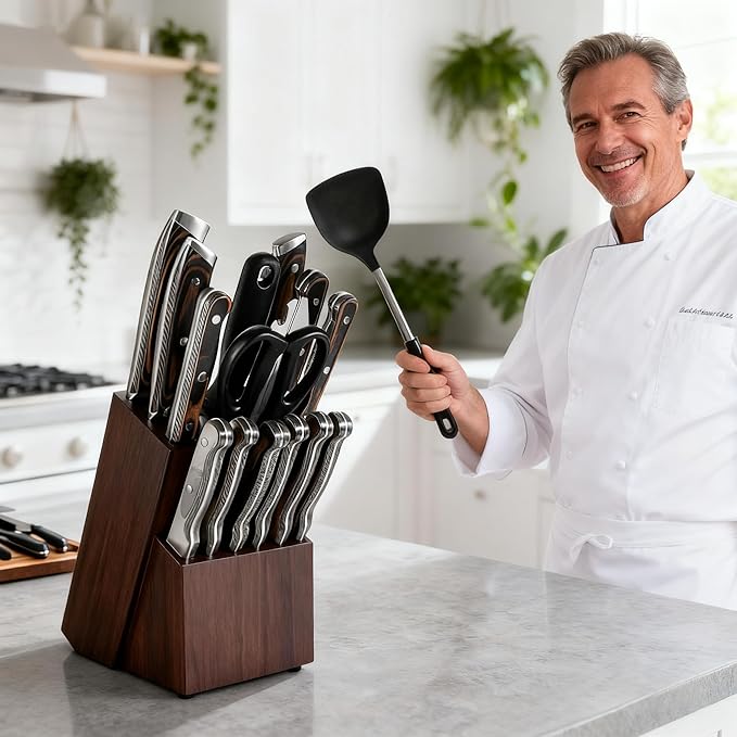 Teak Wood Knife Block Organizer, 14-Slot Kitchen Counter Storage Holder, Universal Design (Brown)