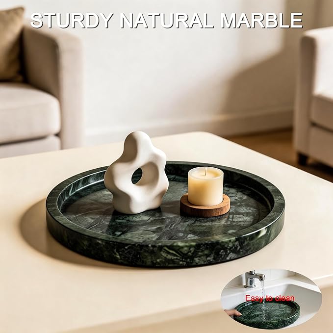Natural Marble Tray, 9.45" x 0.99" Round Marble Vanity Tray, Marble Ring Dish for Bathroom, Jewelry Tray, Coffee Table,Sink Storage Holder Organizer, Bedside Table,Home Decor,Green (NS055)