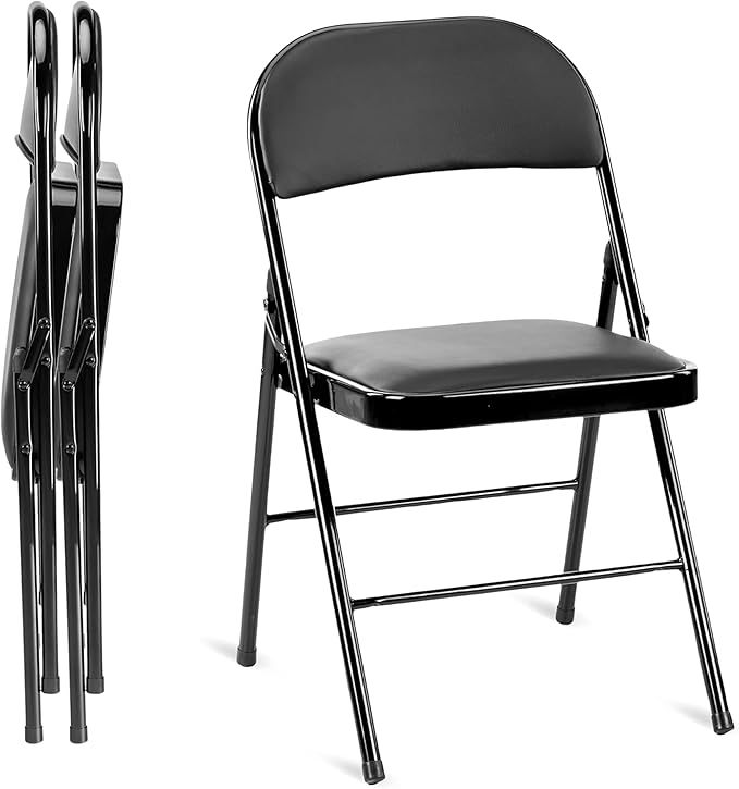 Simple Deluxe 2 Pack Folding Chairs with Leather Padded Cushion Seats & Durable Metal Frame, Foldable, Portable, Commercial Event Seat, Indoor Outdoor for Parties, Home, Office, Classic Black
