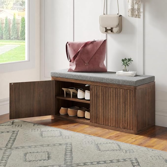 Double Layered Shoe Cabinet with Bench,Wooden Shoe Bench with Soft Cushion,Double Door without Handle Pressing Spring,Fluted Panel,Suitable for Entrance,Corridor and Living Room (Shoe Bench-Walnut)