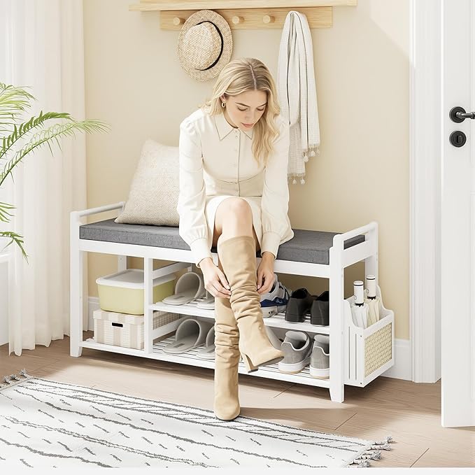 Homaxy 2-Tier Shoe Rack Bench with Side Holder, 39.4 in Bamboo Entryway Bench, Shoe Rack Organizer with Cushion for Front Entrance, Hallway Living Room Bedroom, White and Dark Grey