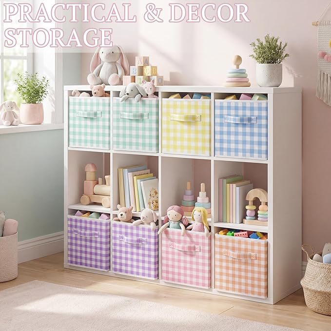 Yalikop 6 Pcs Colorful Checkered Cube Storage Bins, 11 Inch Fabric Gingham Classroom Storage Bins Organizer with Handle Preppy Collapsible Cubby Basket for Classroom Home Nursery Playroom Bedroom