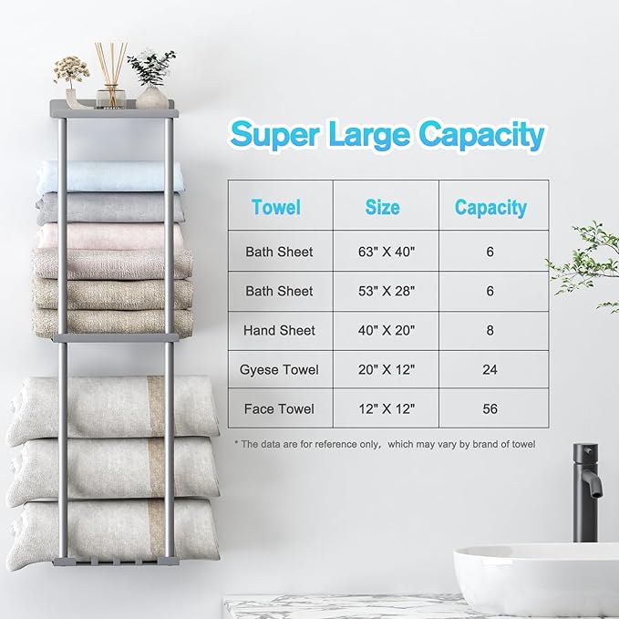 Liuoud Towel Rack Storage for Bathroom, Wall Mounted Vertical Rolled Towel Organizer Holder with Shelf, Holds Up 6 Large Bath Sheets, Silver Grey