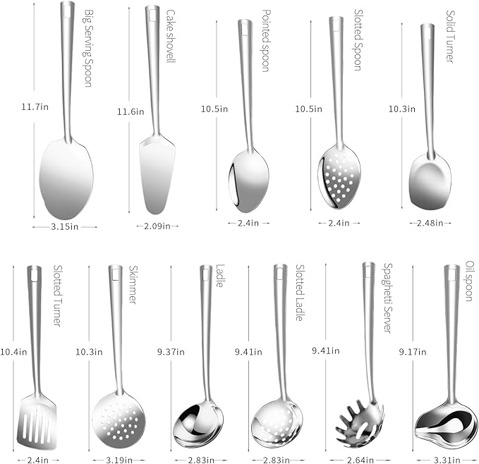 Lazycorner Cooking Utensil Set 11 Pcs Stainless Steel Kitchen Utensils Set Wok Utensils Kitchen Tool Set Spatula Set Heat Resistant Metal Kitchen Tools Ergonomic HandleEasy to Clean Dishwasher Safe