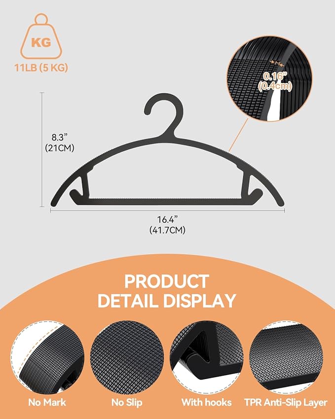 ABHENG 100 Pack Clothes Hangers, Non Slip Heavy Duty Plastic Hangers, Space Saving All-in-One Garment Hangers for Dresses Suits Jeans Knits, Hold Up to 11 LB Dry & Wet, 16.4" x 8.3",Black,UAPY08100B