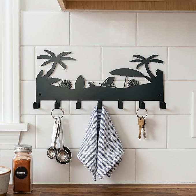 Metal Key Holder Wall Mount, Coastal Tropical Key Rack Hooks, Beach Palm Tree Sunset Wall Art Organizer for Entryway, Kitchen, Hallway, Garage, Farmhouse Home Decor & Housewarming Gift(Coconut Tree)