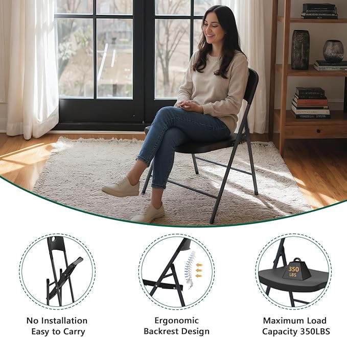 8 Pack Black Folding Chair, Plastic Portable Stackable Commercial Seats with Steel Frame 350lb, Heavy Duty Foldable Chair for Indoor and Outdoor, Patio, Office, Picnic, Kitchen, Events