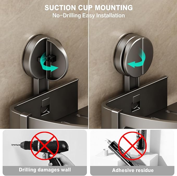 VOLPONE Shower Caddy Suction Cup, Corner Shower Shelves No Drilling, Showers Organizer Storage with Towel Bar & Removable Hooks, Bathroom Shower Shelf Rack for Inside Showers, Square