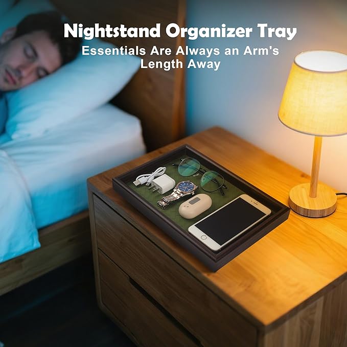 Wooden Valet Tray with Leather Base - Nightstand Catchall Organizer for Cologne, Perfume, Keys, Wallet, Phone, Watch, Jewelry & Sunglasses (2Pcs Green)
