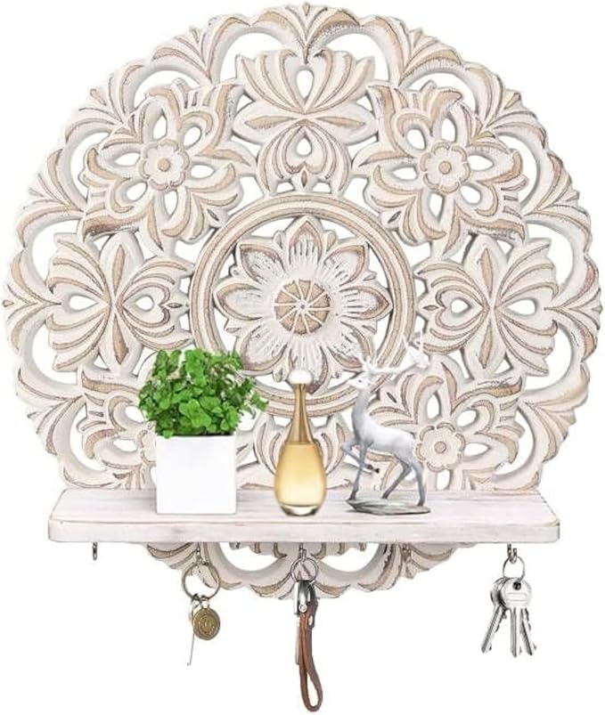 11.6-inch Round Mandala Key Holder for Wall - White Vintage Floral Key Holder with Hooks & Shelf - Farmhouse Decorative Entryway Organizer for Keys, Masks & Mail - Rustic Boho Wall Decor
