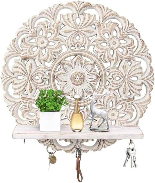 11.6-inch Round Mandala Key Holder for Wall - White Vintage Floral Key Holder with Hooks & Shelf - Farmhouse Decorative Entryway Organizer for Keys, Masks & Mail - Rustic Boho Wall Decor