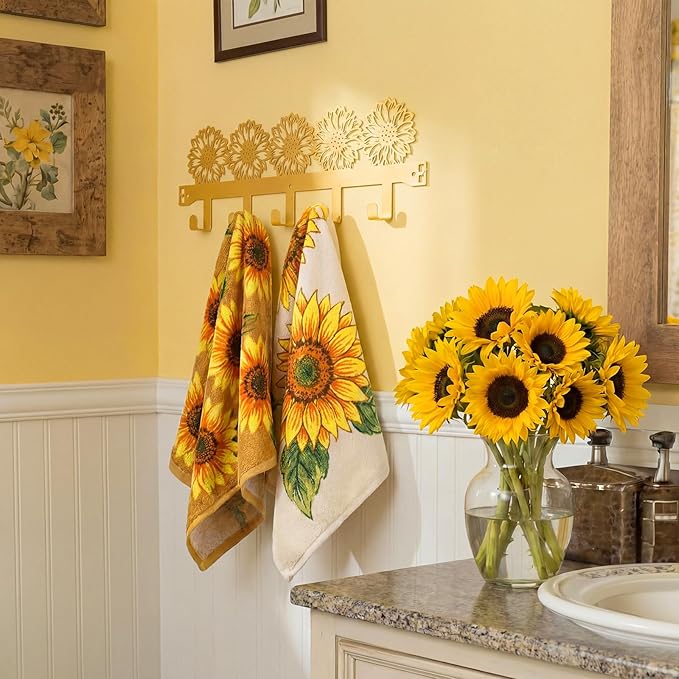 AceOrbit Sunflower Over the Door Hooks Coat Rack Wall Mounted Decorative Yellow Metal Hanger Sunflower Wall Art Decor Key Holder with 5 Hooks for Coat, Towel, Hat, Bag, Bathroom Home Kitchen Office