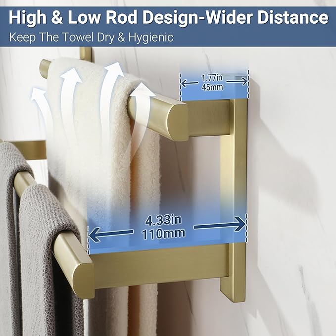 SAYAYO Double Towel Bar for Bathroom, 24 Inch Brushed Gold Bath Towel Rack Towel Holder Wall Mounted, SUS304 Stainless Steel