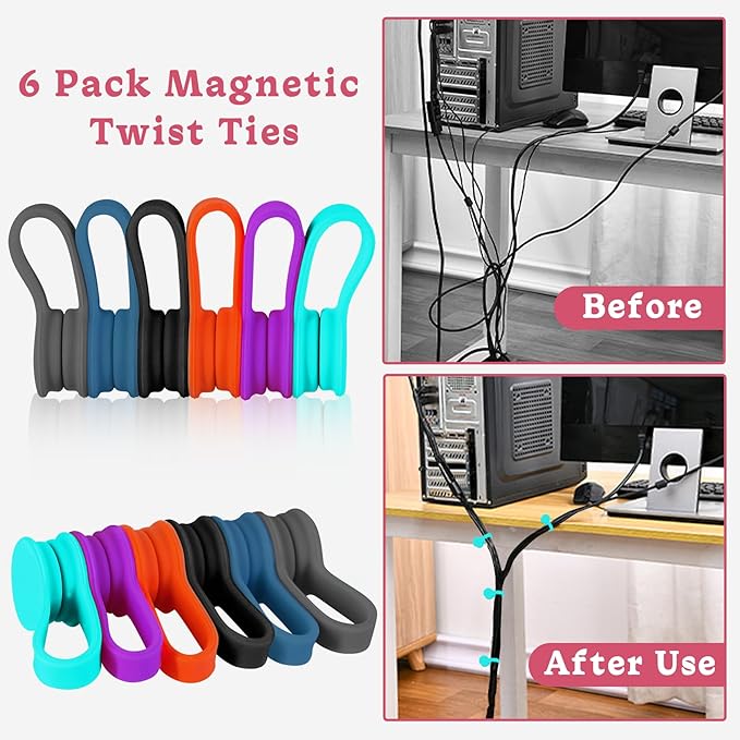 6 Pack Magnetic Twist Ties, Viaky Multicolor Magnet Keeper Bands Winder Wrap Straps Cable Clips Cord Organizer for Earphones/USB Cable/Bookmarks/Keychain/Cable Management