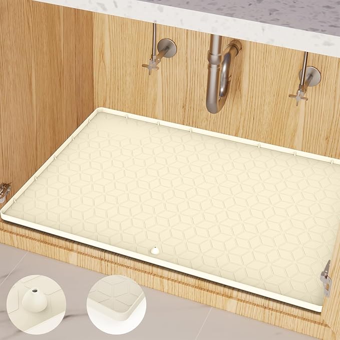 Under Sink Mat, 14"x22" Under Sink Mats for Kitchen, Silicone Waterproof Under Sink Liner, Sink Cabinet Organizer Tray with Drain Hole