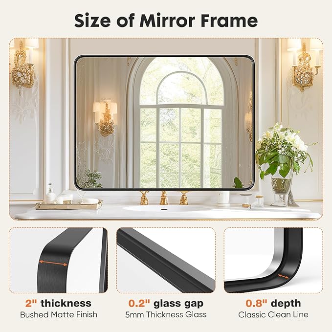 Sweetcrispy Bathroom Mirror 36x24 Inch Black Metal Framed Rounded Rectangle Vanity Mirror for Wall, Over Sink, Farmhouse, Restroom, Anti-Rust, Modern Decorative, Horizontal or Vertical Hanging