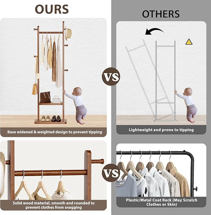 Taitiy Solid Wood Coat Rack, Freestanding Clothing Rack with 2 Shelves Storage & 5 Hooks, Heavy Duty Clothes Rack Stand for Hall, Bedroom, Living Room