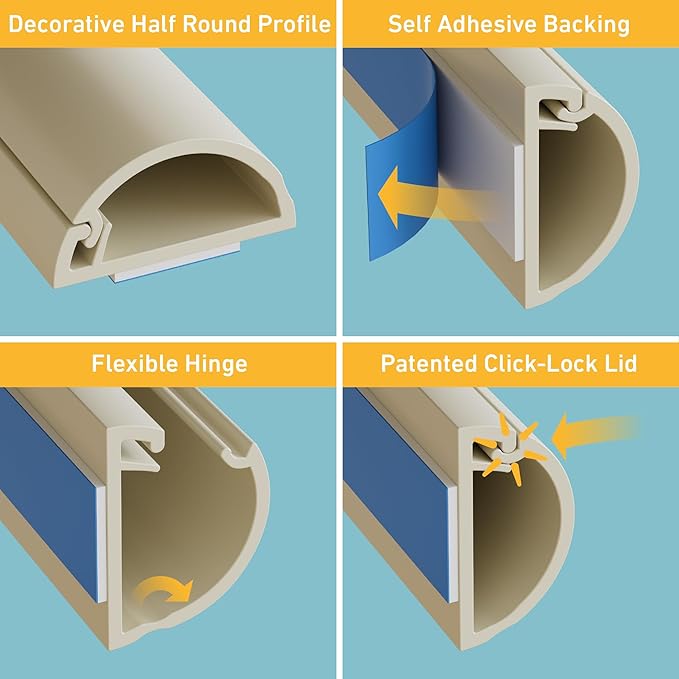 D-Line 15.7in TV Cord Hider, Patented Half Round Cable Cover, Hide Wall Mount TV Wires, Hinged One-Piece Cable Concealer, Adhesive, Decorative Raceway - 0.78in W x 0.39in H x 15.7in L - Beige