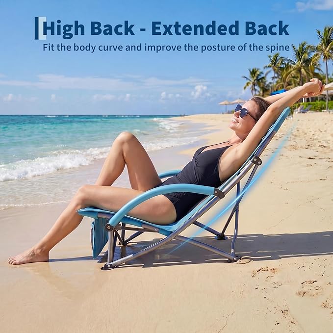 Garvee High Beach Chair 2 Pack, Folding Portable Beach Chairs for Adults, Lightweight Extra Wide Seat Chair with Cup Holder, Storage Pocket & Carry Bag for Camping, Beach, Travel