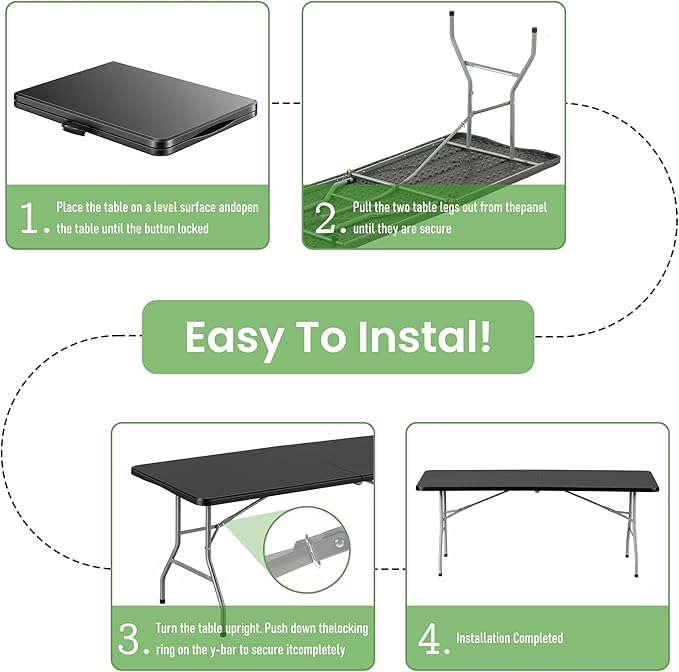 Folding Table 6FT Portable Heavy Duty Plastic Table with Carrying Handle Fold-in-Half Utility Foldable Tables for Parties Wedding Events Dining Indoor Outdoor Picnic (Black)