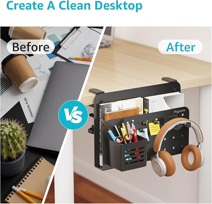 PEGZONE Desk Side Storage Organizer, No Drill Under Desk Laptop Holder, Clamp on Desks Shelf with Pegboard Accessories, Hanging Laptop Mount, Fits Flat Edge 0.4" to 2.2", Black