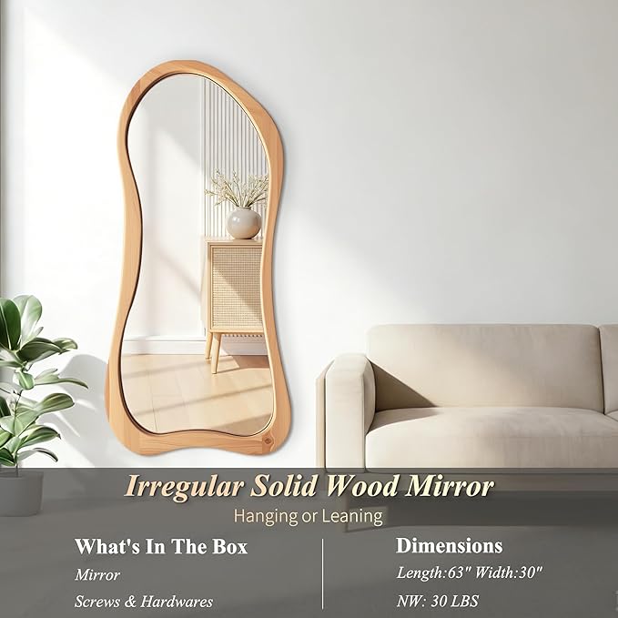 Large Irregular Mirror, 63"x30" Asymmetrical Aesthetic Mirrors with Solid Wood Frame, Organic Shape Floor Mirror for Living Room Entryway Hallway Bedroom Cloakroom, Leaning/Hanging