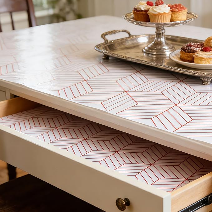 Red Geometric Pattern Shelf Liner, Non-Adhesive Non-Slip Thickened Drawer Liner, Easy to Clean Contact Paper for Kitchen Cabinets, Tool Box, Refrigerator, Includes Knife & Tape .17.3×236.22inches.