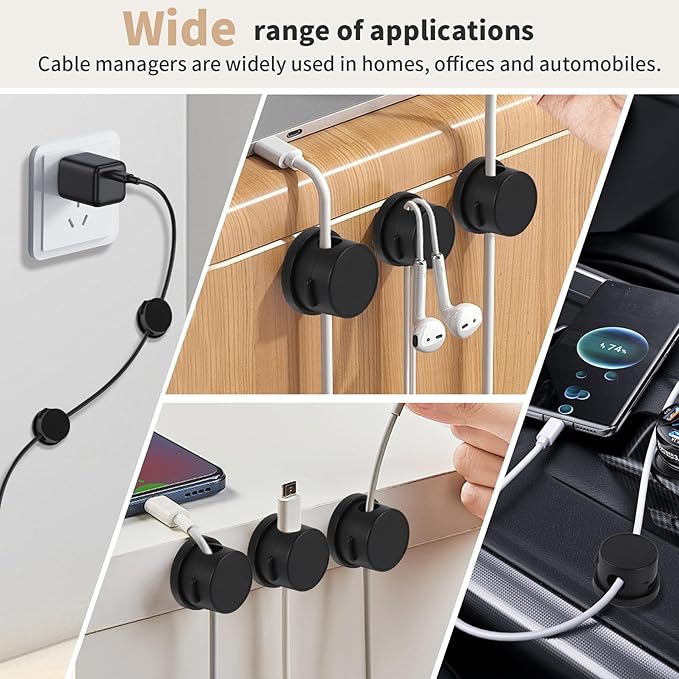10-Pack 360° Rotatable Magnetic Cord Organizer Clips with Acrylic Adhesive - for Desk, Car, Home & Office | No Residue Springless Design | Strong Hold Cable Management for Chargers & Wires (Black)