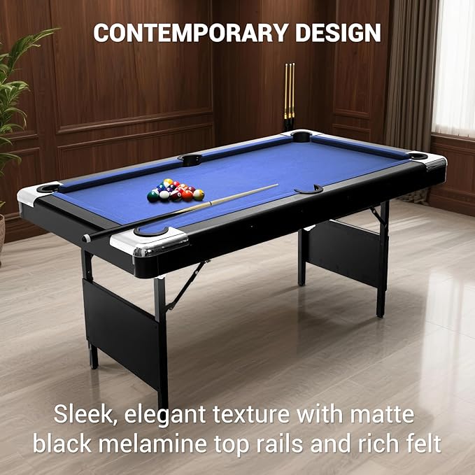 7 Foot Pool Table for Family, Foldable No Assembly Pool Table with Balls, Cues, Chalk, Rack & Brush, Portable Billiards Game Table for Apartment, Basement, Office & Game Room