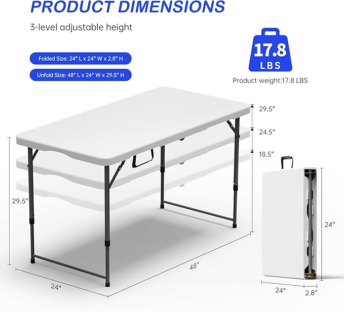 Folding Table 4 Foot for Indoor Outdoor, Portable Heavy Duty Fold-in-Half Utility Small Plastic Adjustable Height Folding with Carrying Handle for Picnic and Party, White (White, 4 FT - 2 PACK)