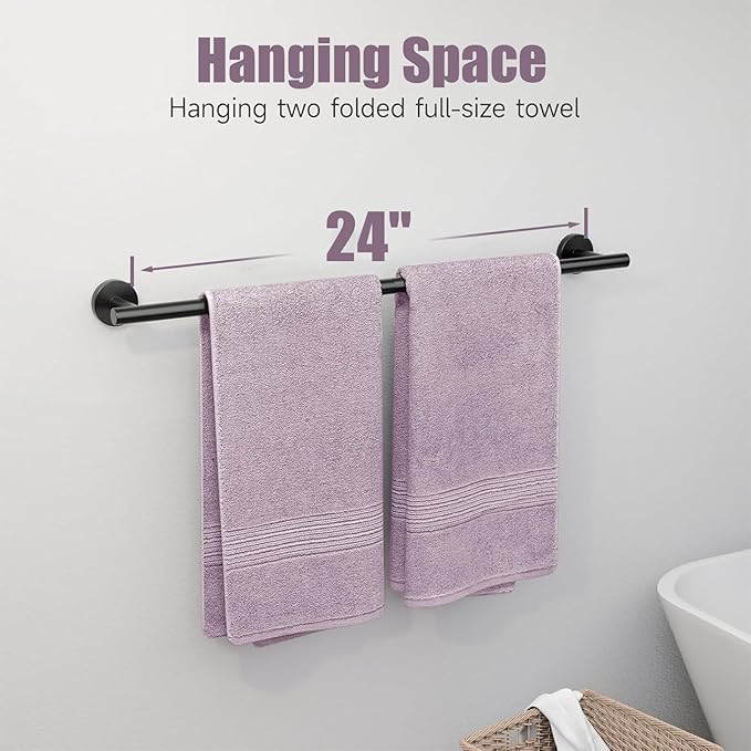 Brushed Nickel Towel Bar 24 Inch, 304 Stainless Steel Bathroom Towel Holder, Towel Racks for Bathroom Wall Mounted, Modern Bathroom Accessories for Home Bathrooms, Kitchens,Hotels & Toilets（Black）