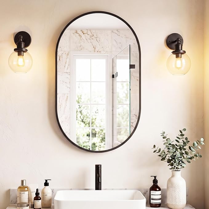 Sweetcrispy 24" x 36" Black Bathroom Mirror for Wall, Oval Wall Mirror with Metal Frame, Tempered Glass, Modern Vanity Mirror for Over Sink, Living Room, Bedroom, Entryway, Horizontal or Vertical
