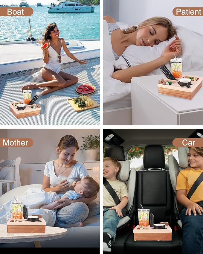 Couch Cup Holder Tray, Silicone Wooden Couch Caddy with Cup Holder for Snacks, Drinks, Remotes, Waterproof Cup Holder for Couch, Organizer, Couch Drink Holder