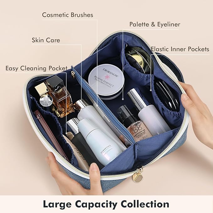 Prite Makeup Bag for Women Travel Waterproof Vegan Leather Cosmetic Bag Open Flat Toiletry Bag With Clear Divider and Handle (Blue Flower, Large)