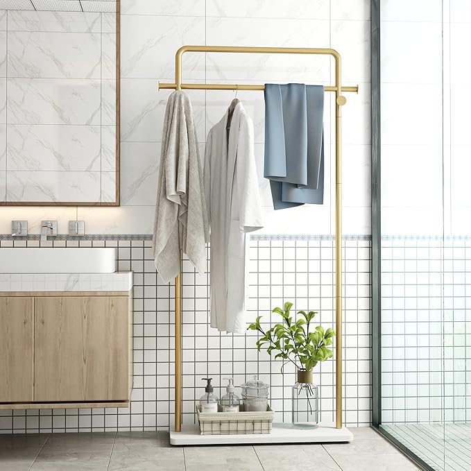 TIEOU Gold Coat Racks with Shelf, Heavy Duty Gold Clothing Racks for Boutiques, Free-Standing Metal Garment Rack for Hanging Clothes, Modern Clothes Rack Entryway