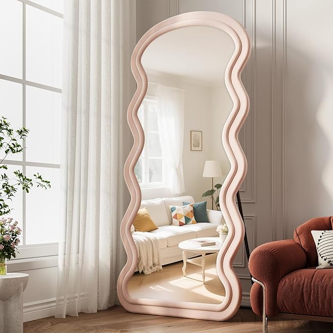 Wavy Full Length Mirror, 71"x32" Flannel Mirrors Full Length with Stand, Full Boby Mirrors for Bedroom, Living Room, Cloakroom, Hanging Leaning Wall Mirror, Pink