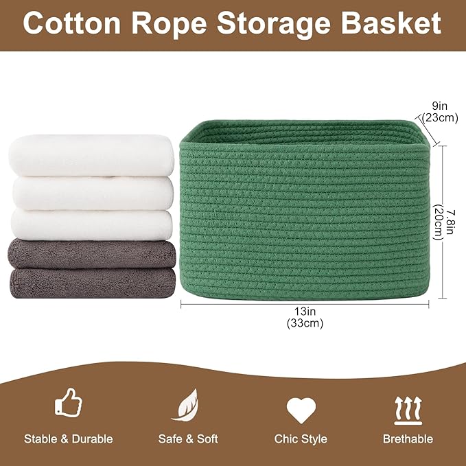 OIASKET Storage Baskets for Organizing, Woven Decorative Baskets for Shelves - Books, Towels, and Clothes, Cotton Rope Toy Storage Bins, 12.7''Lx9''Wx7.8''H, Pack of 4, Green