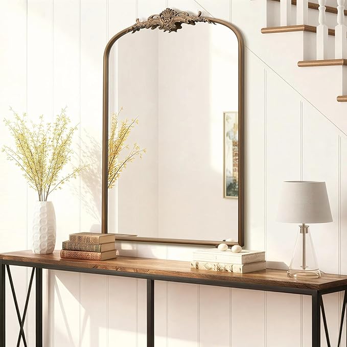 Besdomus Antique Gold Arched Mirror: 24"x36" French Large Arch Gold Vintage Wall Mounted Mirror - Traditional Ornate Home Decor for Entryway/Fireplace/Bathroom/Bedroom - Idea for Fashion-Conscious