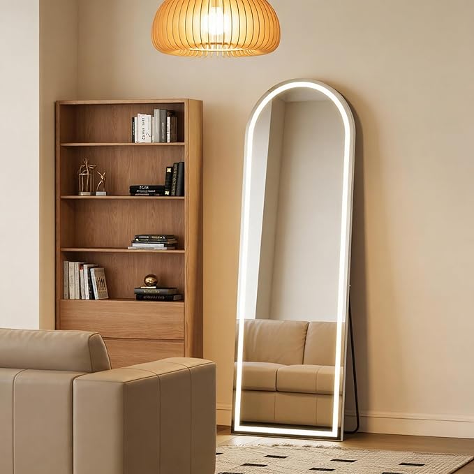 NEWBULIG 60"x16" Arched Full Length Mirror with Light, 3 Color Lighting Full Body Floor Mirror with Aluminum Alloy Thin Frame, Wall or Standing Mirror for Bedroom, Living Room, Dressing Room, White