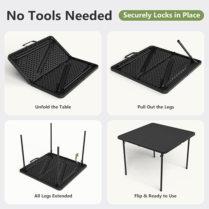 Folding Table 2 Pack, 36 Inch Square Foldable Card Tables, No Assembly Portable Folding Tables, Heavy Duty Fold-in-Half Tables with Carry Handles for Camping, Picnic, Parties, RV Travel & Indoor Use