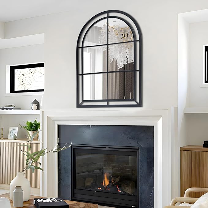 WAMIRRO Arched Mirror,Big Decorative Black Window Pane Mirrors Decor for Wall Mouted/Fireplace/Entryway/Hallway/Living Room/Bathroom 28"X40"