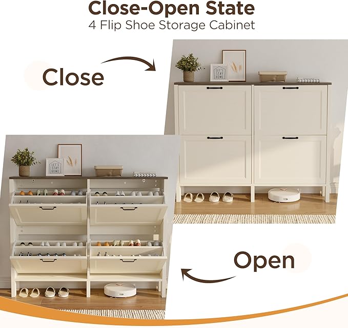 LOUVIXA Shoe Cabinet with 4 Flip Drawers, Narrow Shoe Storage Cabinet, Freestanding Shoe Cabinet Organizer, Hidden Shoe Rack Cabinet for Entryway, Hallway (4-Drawers, Off White-Brown)