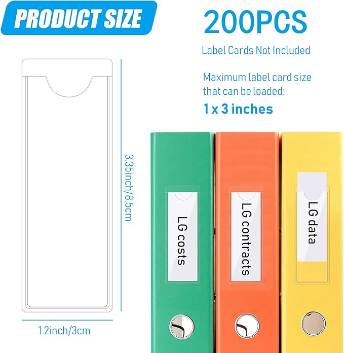 Outus 200 Pack 1.2 x 3.35 Inch Self Adhesive Label Pockets Bulk Plastic Labels Holders for Storage Bins Clear Classroom Nameplate Sleeves Index Card Tote Photos Waterproof Protect Office