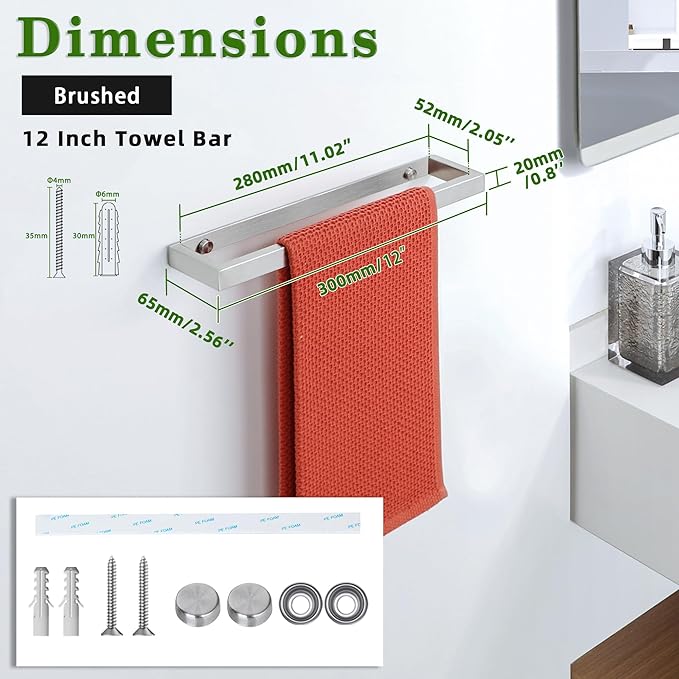 Alise Hand Towel Holder,12 Inch Towel Bar for Bathroom Wall Mounted,Towel Hanger Towel Racks for Bathroom and Lavatory,SUS304 Stainless Steel Towel Rail Towel Rod,Brushed Finish