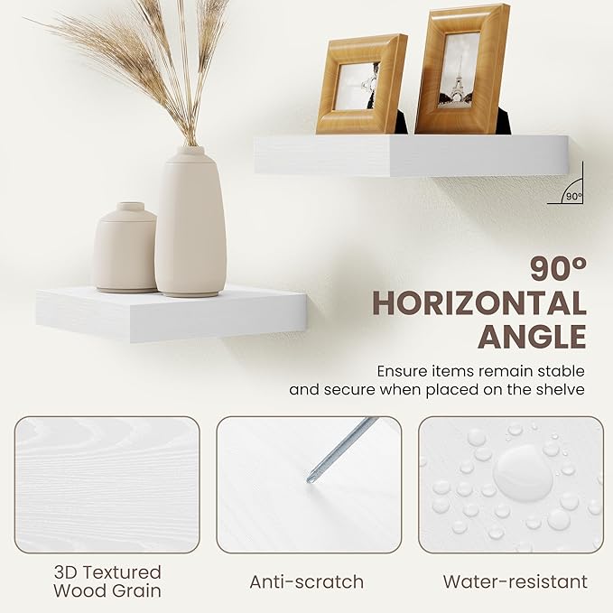 Acovy Floating Shelves for Wall 9 Inch,9.3" Deep Square Floating Shelf Set of 3,Wall Shelves Hanging Shelf with Invisible Brackets,Wall Mounted Shelf for Kitchen Living Room Bedroom Bathroom,White