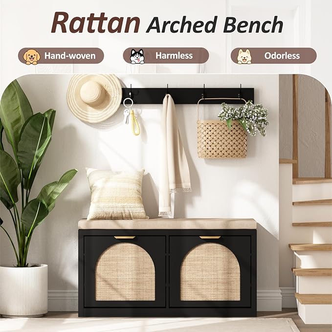 Rattan Narrow Entryway Bench with Shoe Storage, 2 Flip Drawers & Coat Rack, Mid-Century Modern Wood Shoe Cabinet with Seat Cushion for Foyer/Hallway (Black)