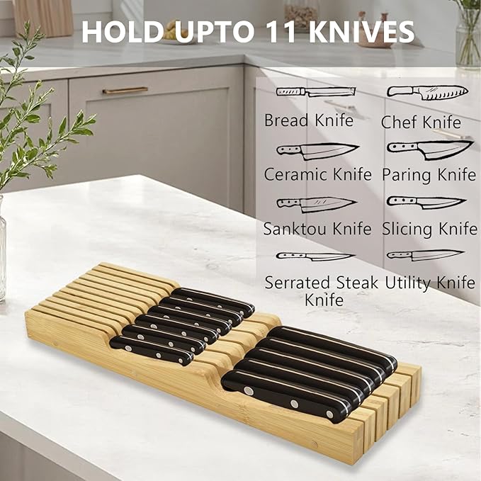 Knife Drawer Organizer, Bamboo In-Drawer Knife Block Organizer Kitchen Steak Knives Holder Organizer for Drawer, 11 Knives Slots (11 Knives Slots)