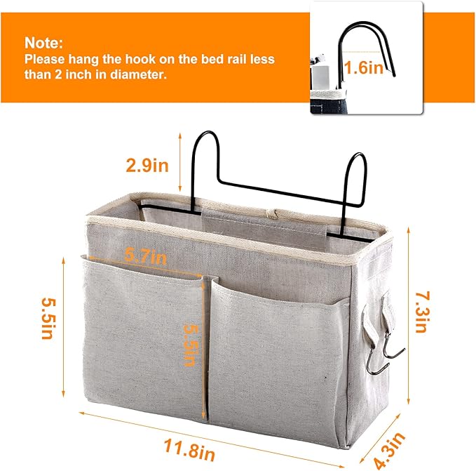 Surblue Bedside Caddy Bedside Storage Bag Hanging Organizer for Bunk, Hospital Beds, Dorm Rooms Bed Rails Camp 4 Pockets and 2 Hooks (Grey)