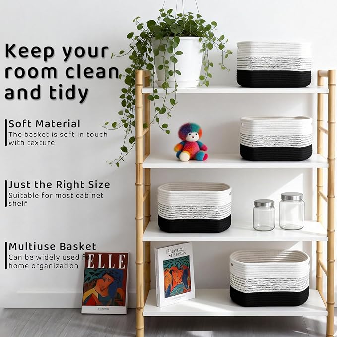 4 Pack Storage Baskets for Organizing, 12''Lx9''Wx8''H Woven Baskets for Storage Toys, Towels, Books, and Clothes, Cotton Rope Basket for Shelves with Handle White & Brown